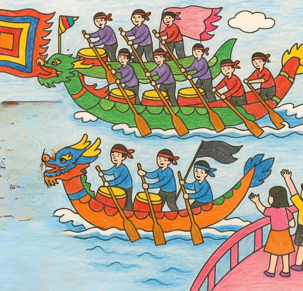 tranh vẽ lễ hội đua thuyền mùa xuân 