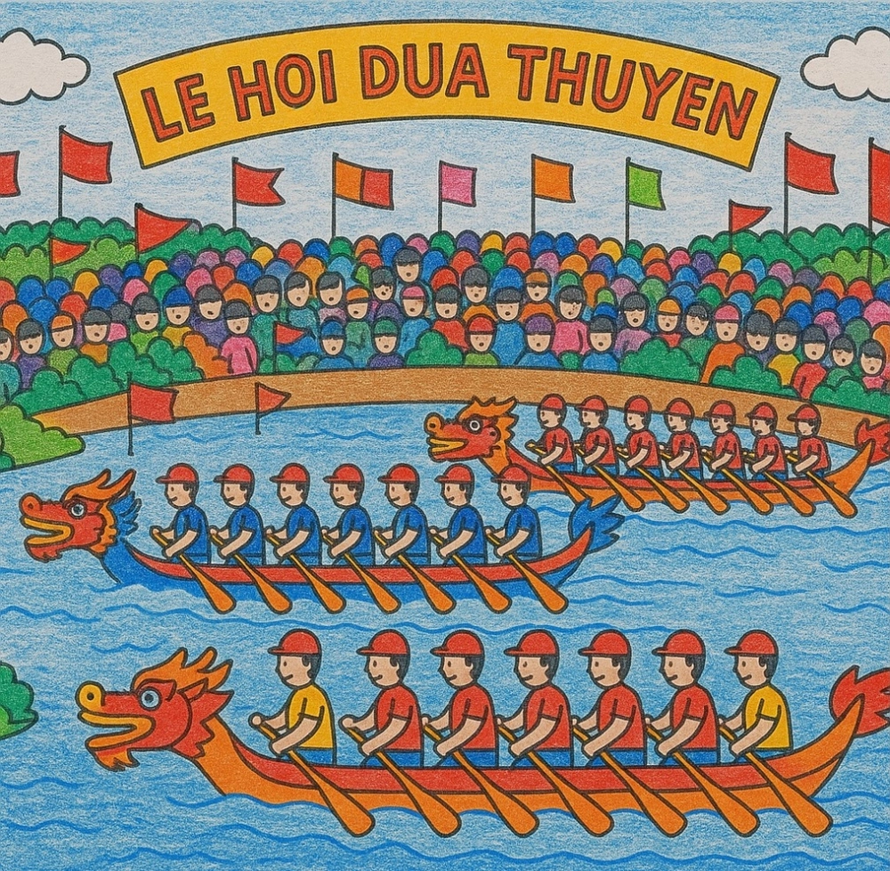 tranh vẽ thuyền thúng trong lễ hội 