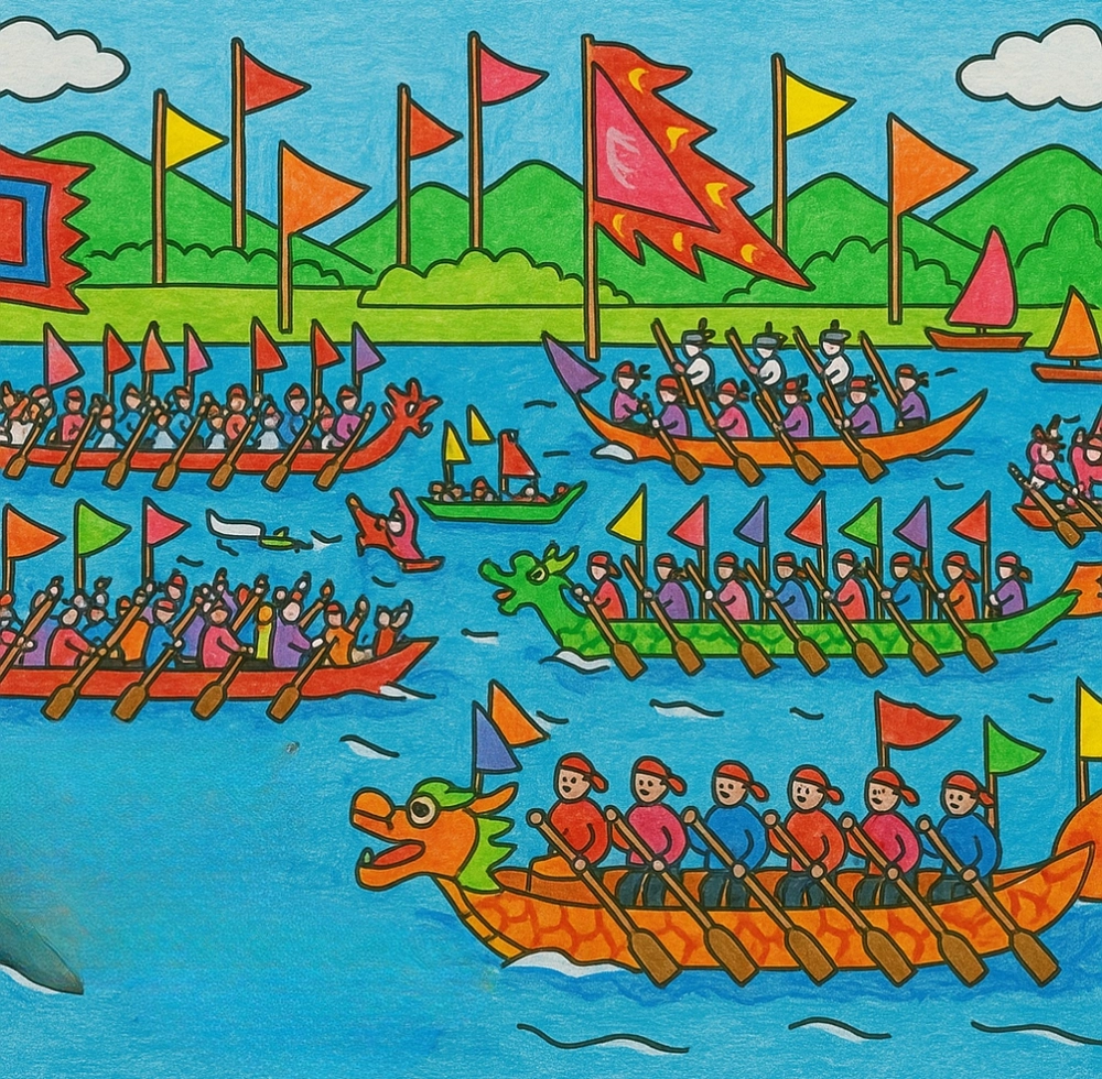 vẽ tranh lễ hội đua thuyền đẹp và sinh động 