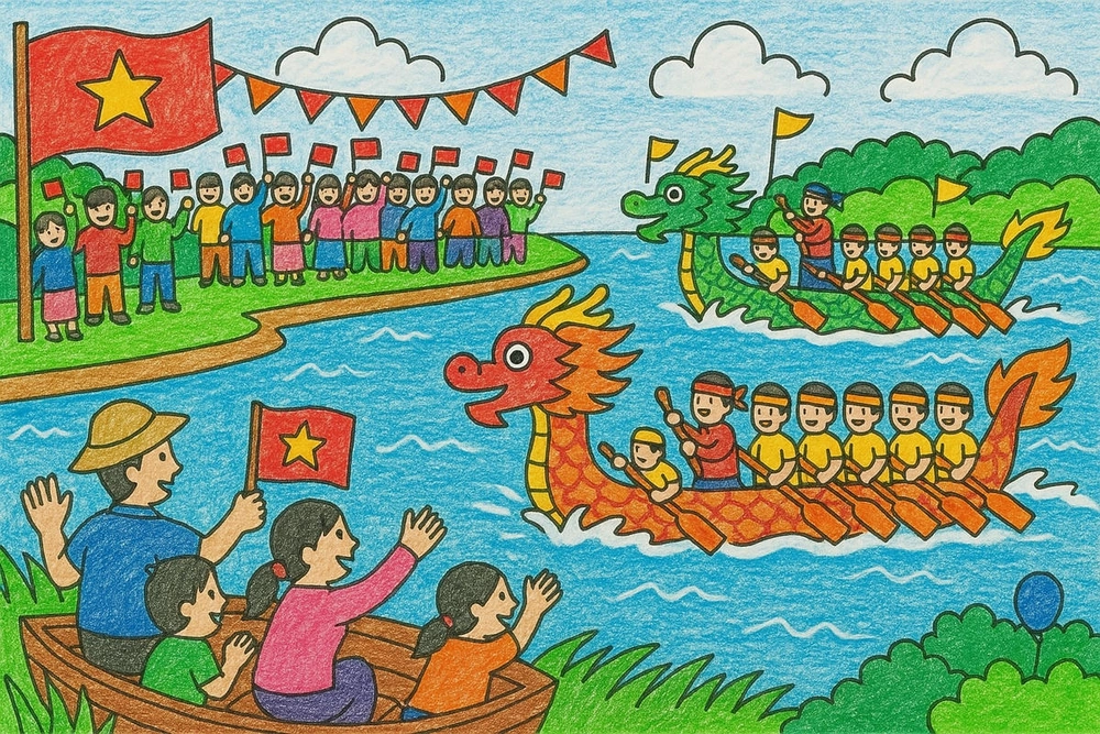 vẽ tranh đề tài đua thuyền quê hương 