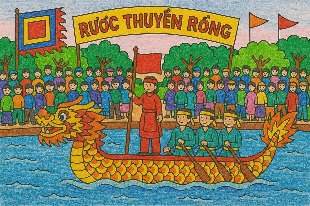 tranh vẽ đua thuyền rộn ràng vui tươi 
