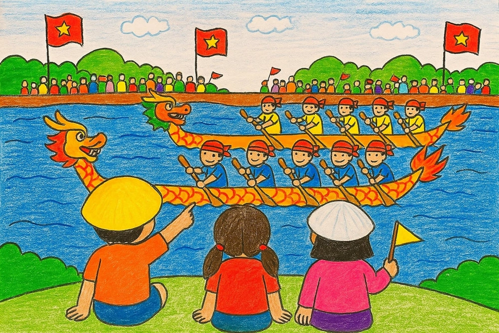 vẽ tranh lễ hội đua thuyền đơn giản 
