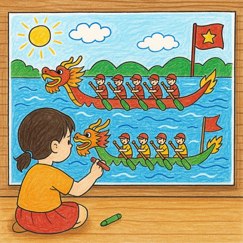 tranh vẽ đề tài lễ hội đua thuyền 