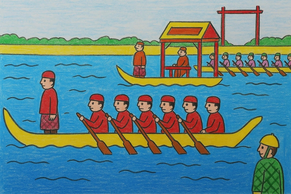 tranh vẽ hội xuân quê hương đua thuyền 