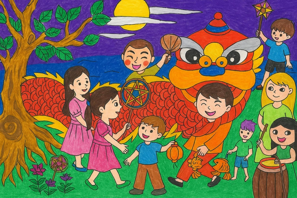 vẽ tranh trung thu đơn giản với đèn ông sao 