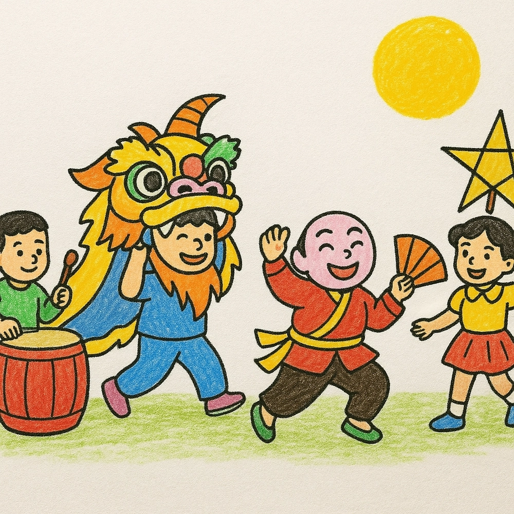 tranh vẽ múa lân trung thu sôi động 