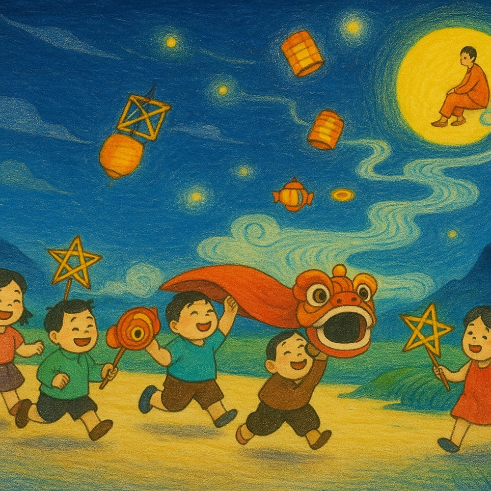 tranh vẽ lễ hội trung thu có trăng sáng 