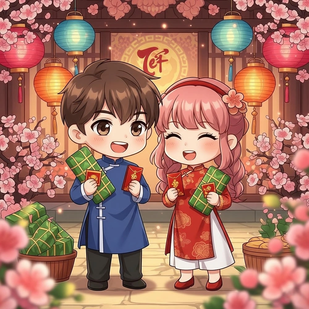 cặp đôi chibi cute đang cười 