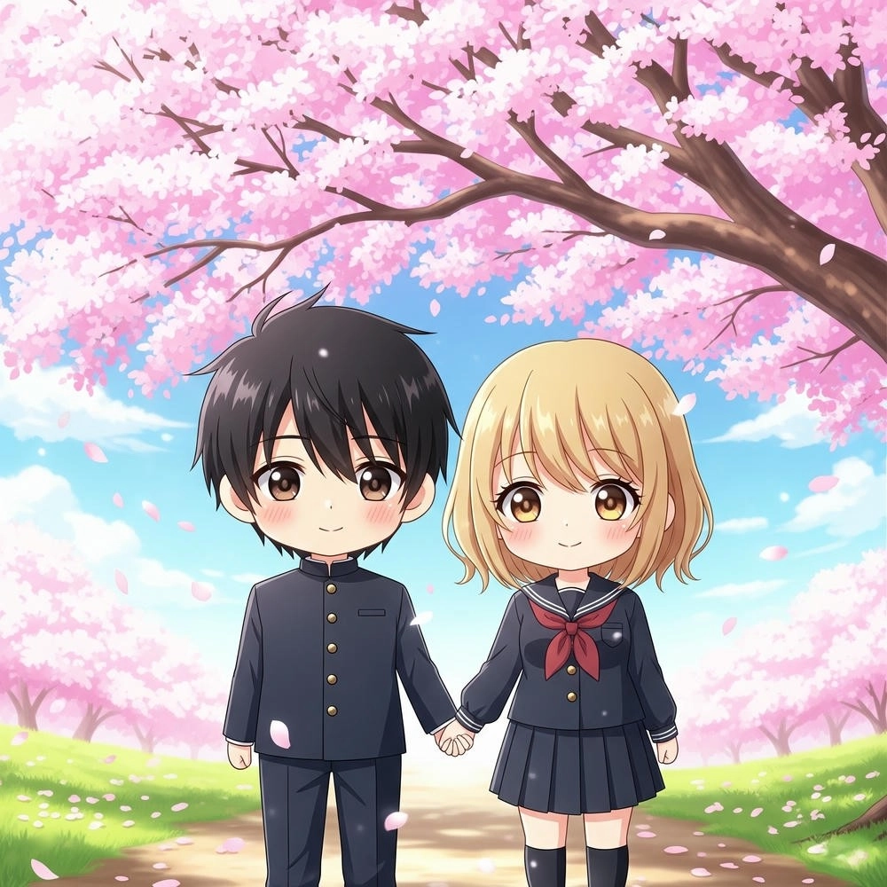 ảnh chibi cute cặp đôi mùa xuân 