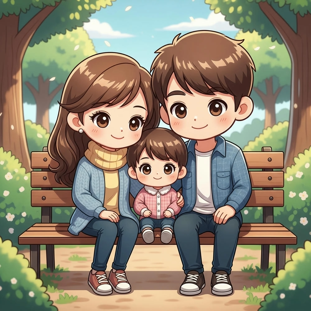 ảnh gia đình chibi 3 người cute 