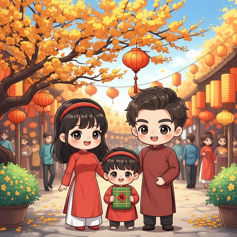 ảnh gia đình chibi nhân dịp Tết 