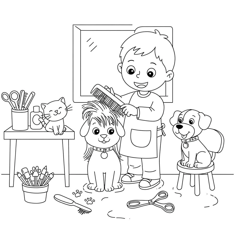 tranh tô màu thợ cắt tóc đang cắt tóc cho khách