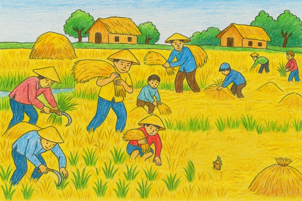 tranh vẽ nghề nông với người nông dân gặt lúa 