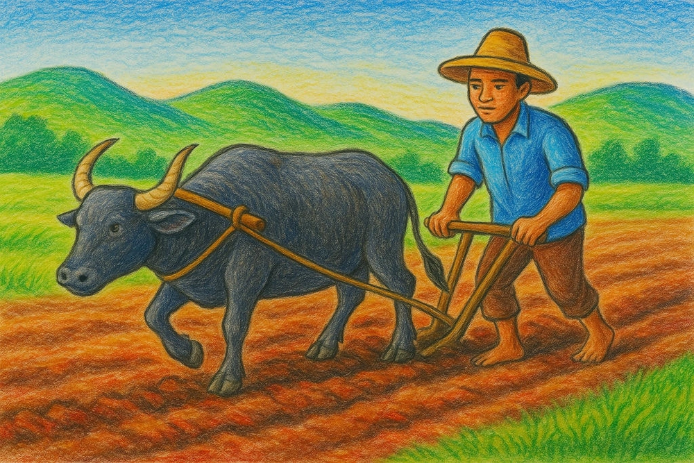 tranh vẽ nghề nông lúc cày bừa trên đồng 