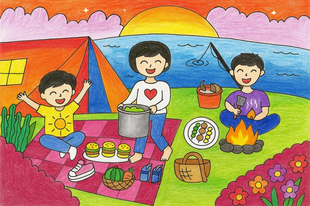 vẽ tranh hè dựng lều trại 