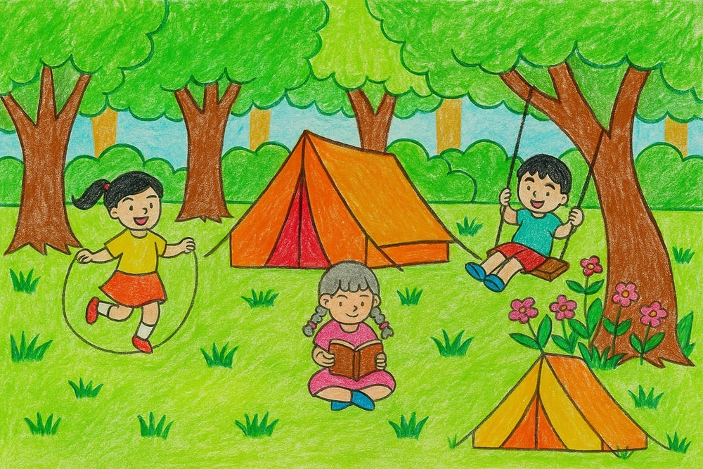vẽ tranh chủ đề cắm trại 
