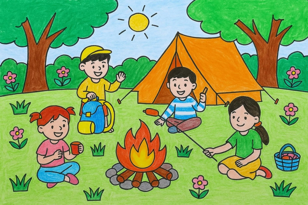 vẽ tranh cắm trại nhóm bạn 