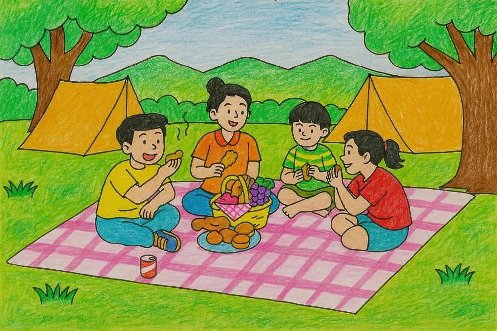 tranh vẽ trẻ em cắm trại 