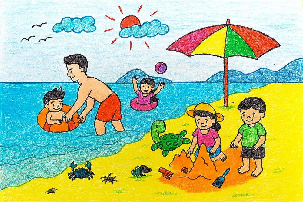 vẽ chủ đề mùa hè của em đang tắm biển