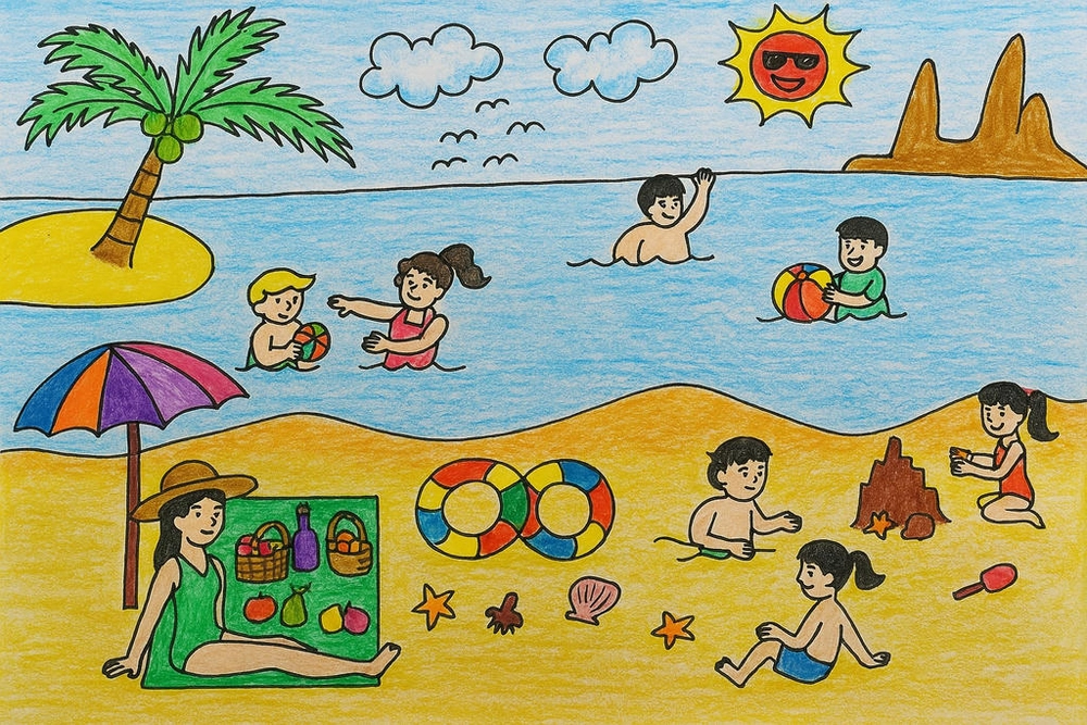 vẽ tranh chủ đề mùa hè với nắng vàng và bãi biển 