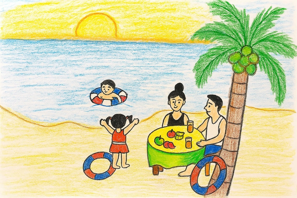 vẽ tranh về chủ đề mùa hè có biển xanh, cát trắng 