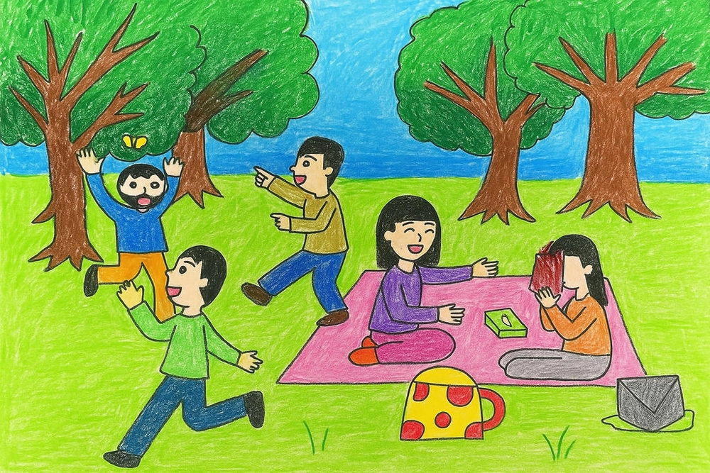 vẽ tranh chủ đề vui chơi mùa hè ngoài trời 