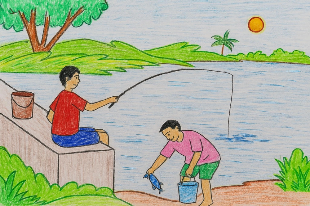 vẽ tranh mùa hè lớp 8 với cảnh học sinh nghỉ hè 