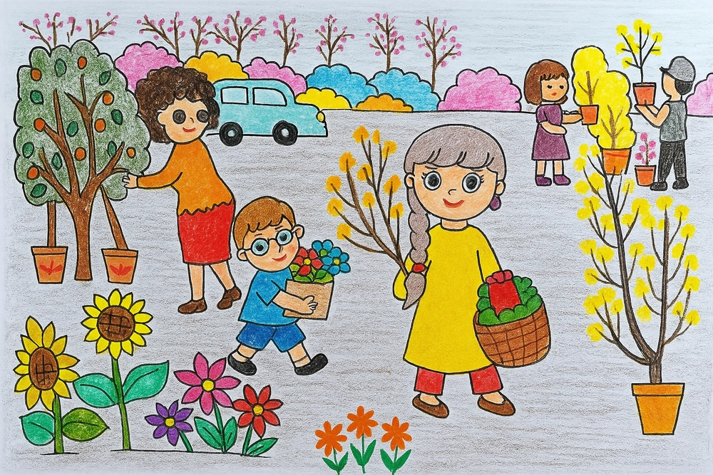 vẽ tranh chủ đề mùa xuân nhẹ nhàng, tươi sáng 