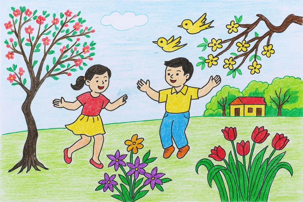 vẽ chủ đề mùa xuân với hoa lá và chim én 