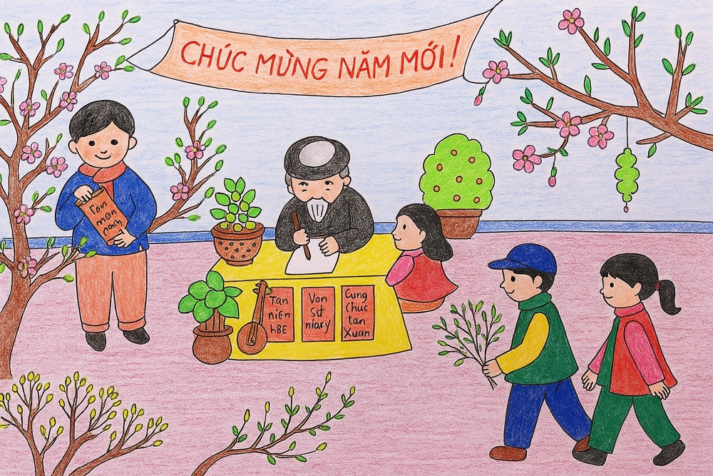 Chuẩn bị dụng cụ vẽ tranh chủ đề mùa xuân