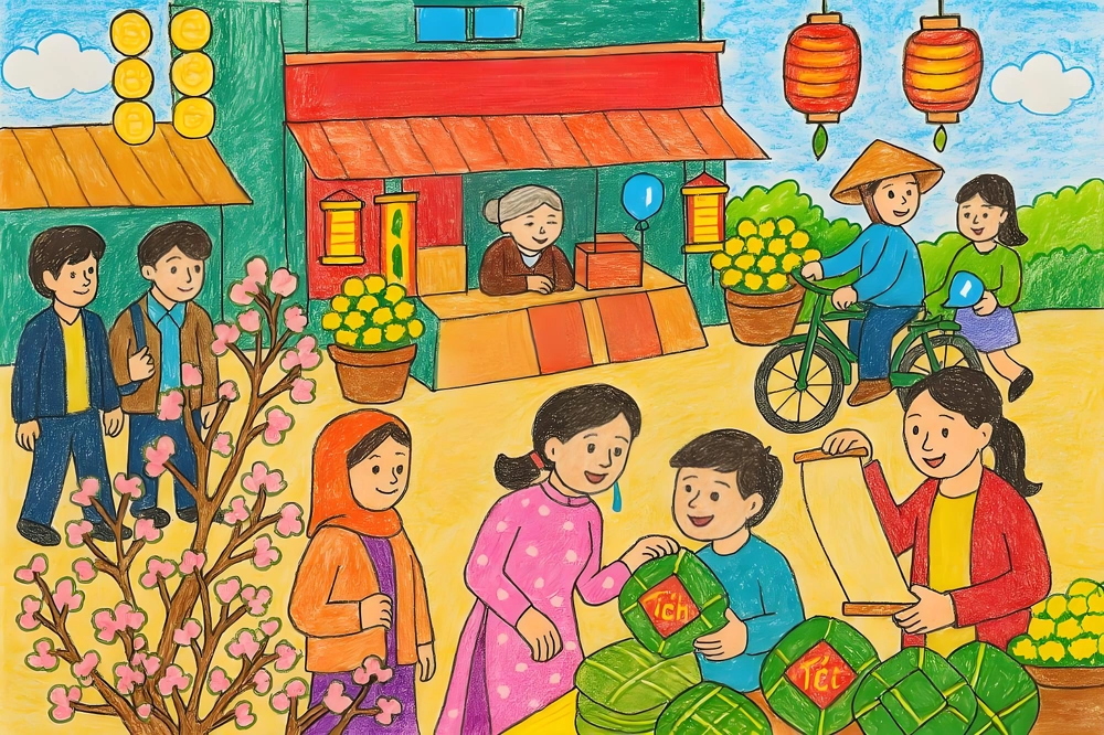 vẽ tranh chủ đề xuân yêu thương ấm áp 