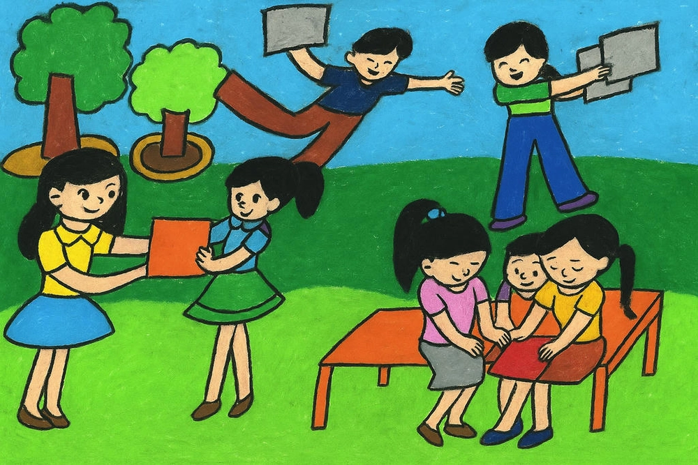 vẽ tranh đọc sách cùng bạn bè 