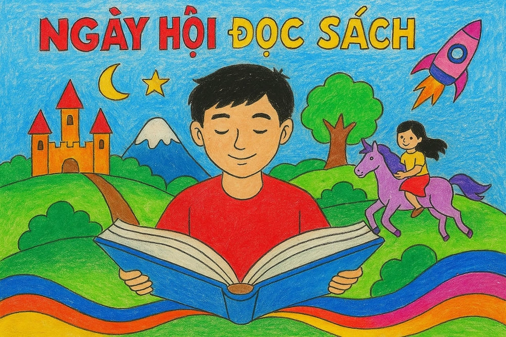 tranh vẽ sân trường ngày hội đọc sách 