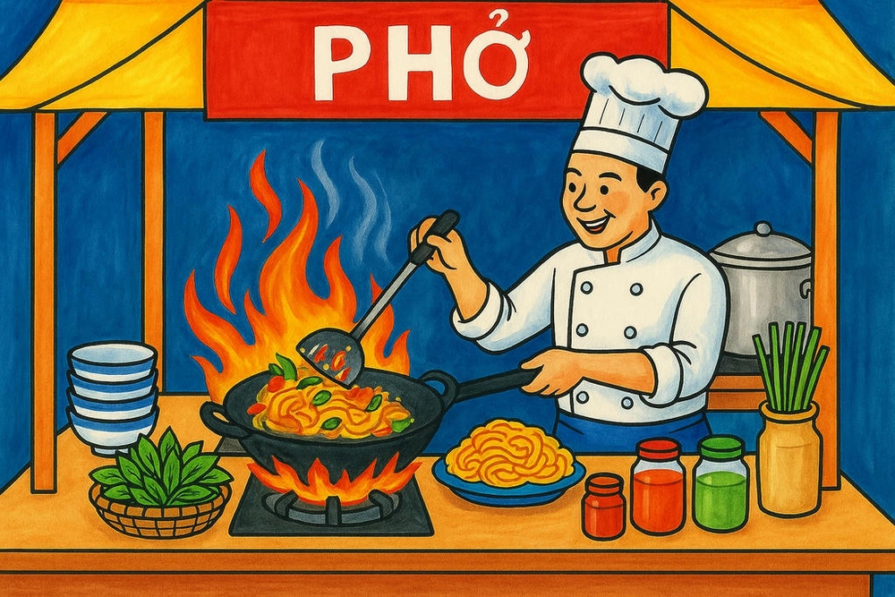 vẽ tranh nghề nghiệp đầu bếp màu sắc tươi sáng 