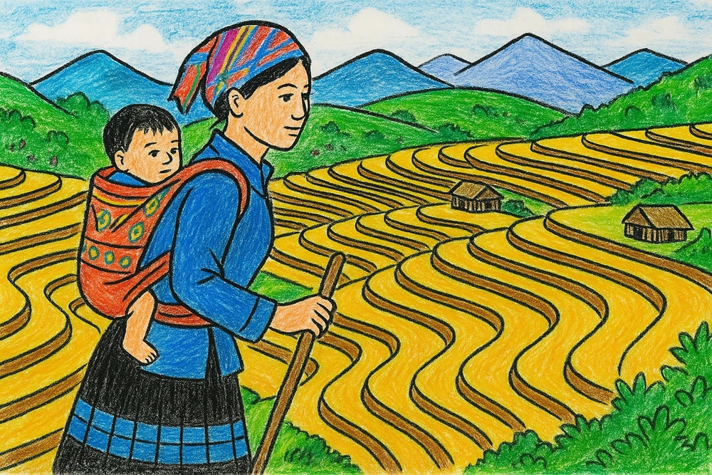 vẽ tranh phong cảnh ruộng bậc thang đơn giản 