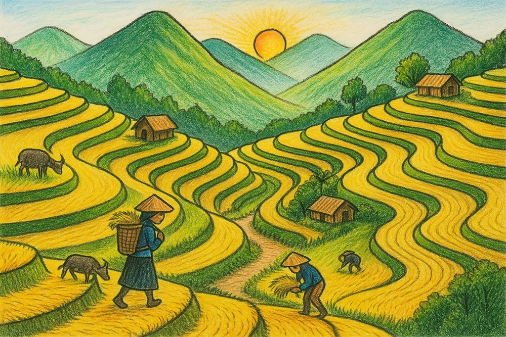 mẫu tranh vẽ ruộng bậc thang đẹp 