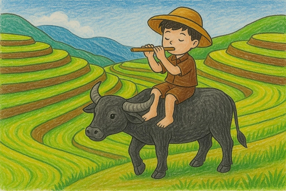 tranh ruộng bậc thang màu nước đơn giản 