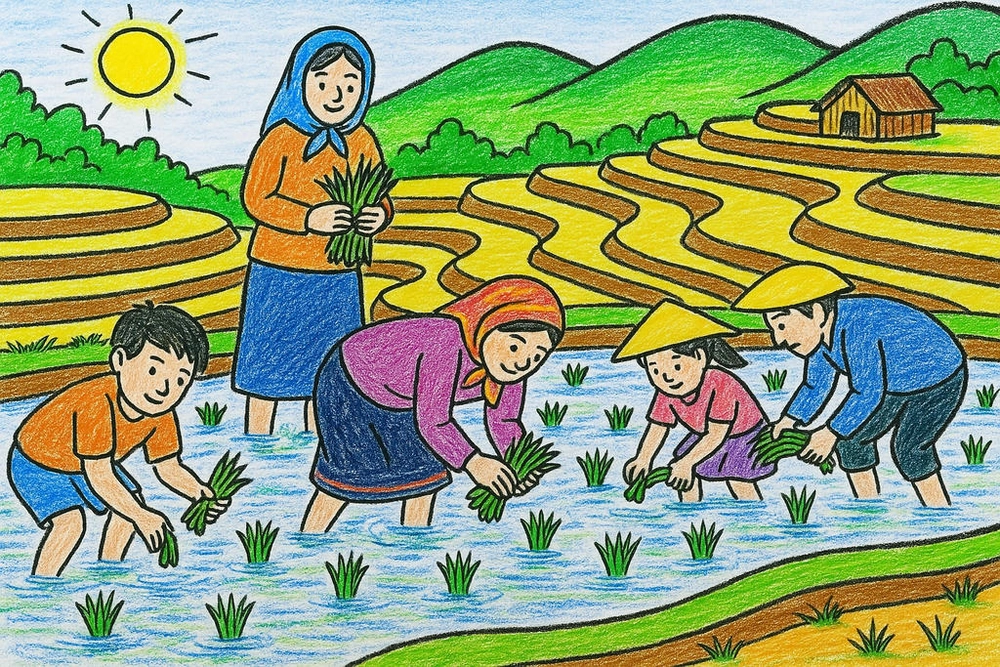 vẽ tranh phong cảnh quê hương ruộng bậc thang 