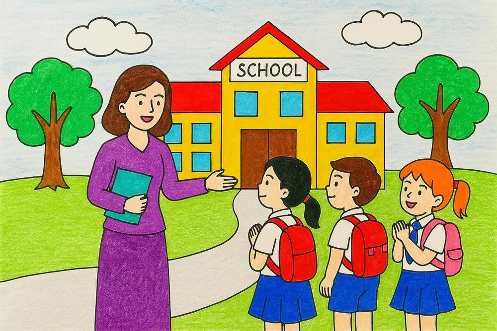 vẽ tranh thầy cô và mái trường 