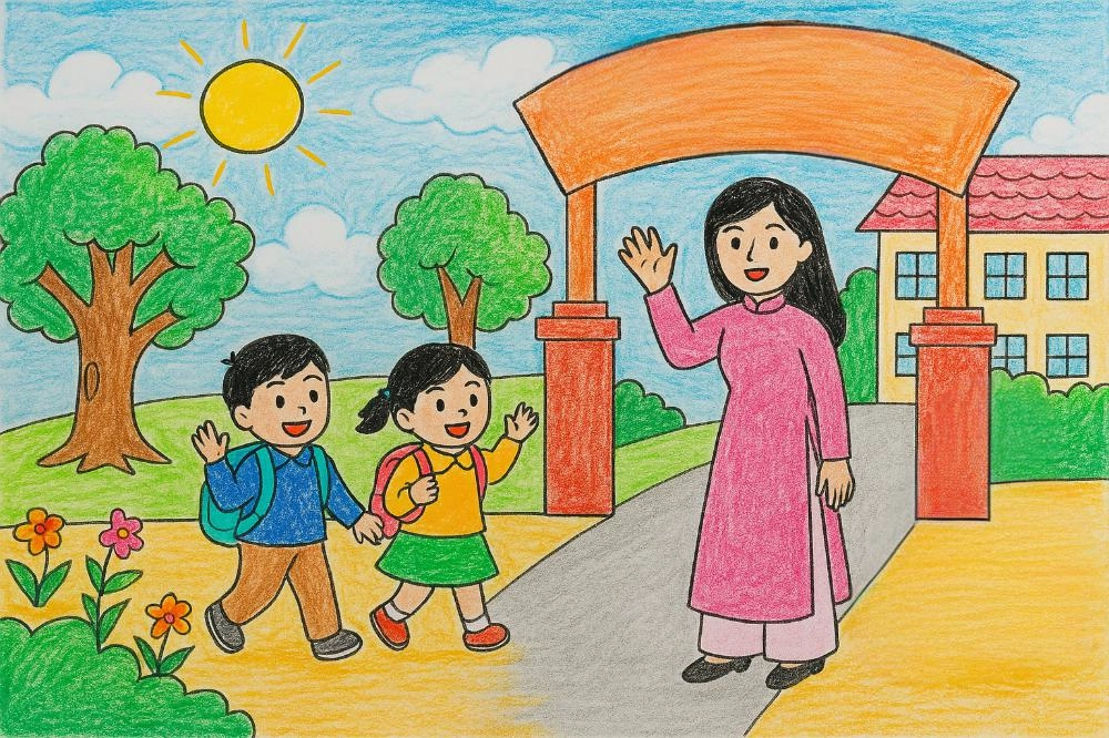 tranh vẽ mái trường thân thương 