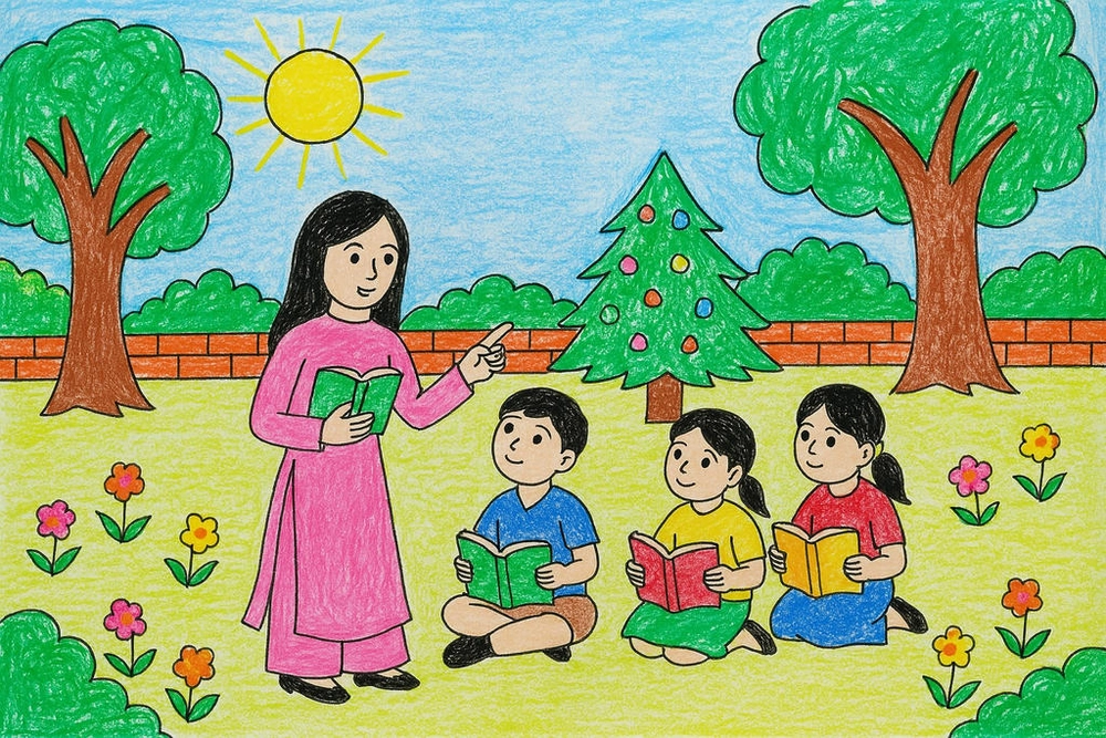 vẽ tranh thầy cô và mái trường học sinh tiểu học 