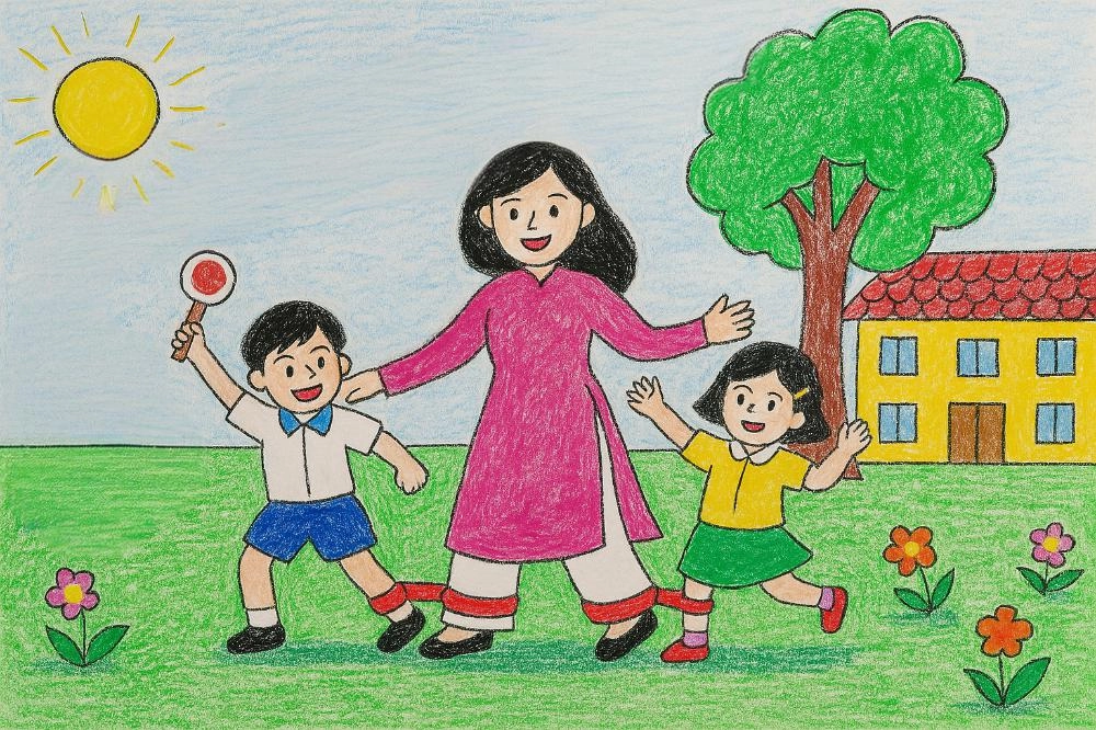 tranh vẽ thầy cô và ngôi trường yêu quý 