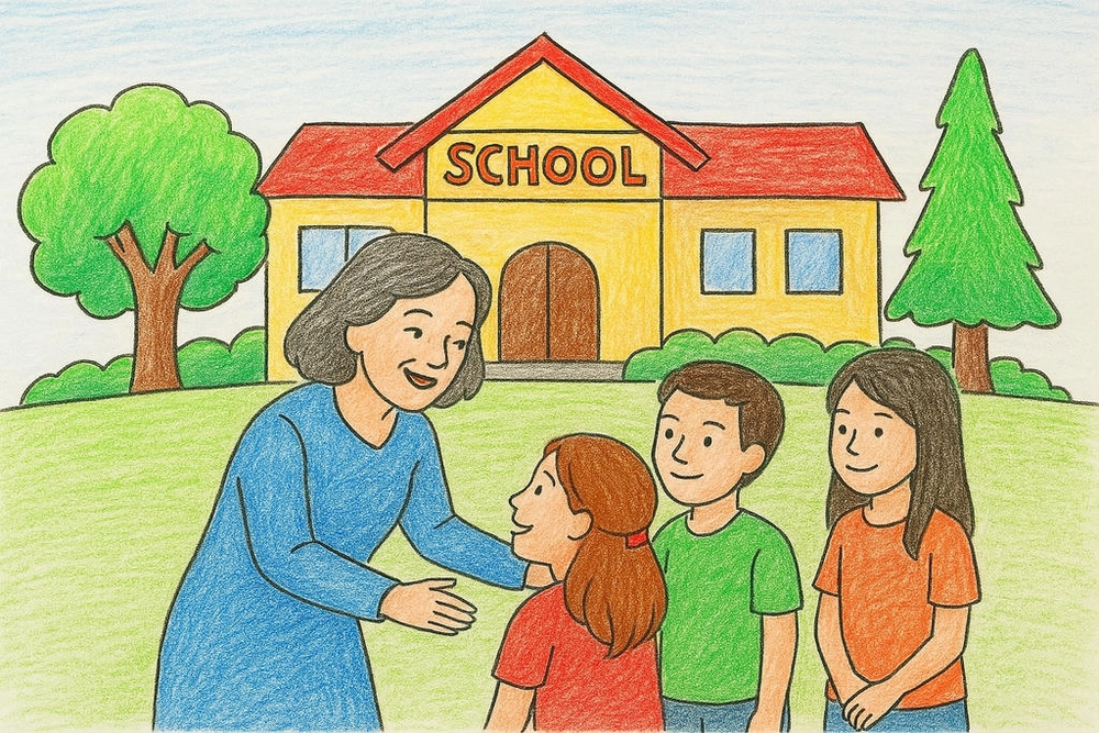 tranh vẽ thầy cô và mái trường cảm động 