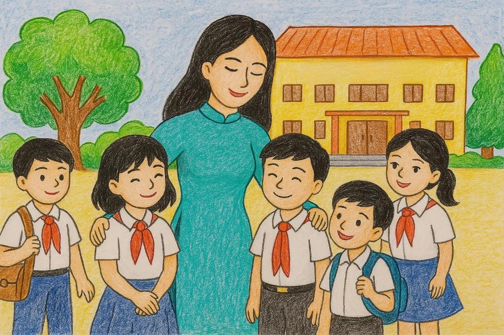 tranh vẽ học sinh và thầy cô trong sân trường 