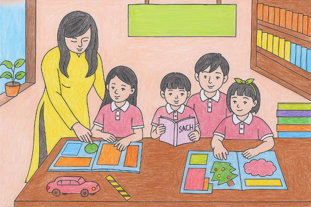 tranh vẽ thầy cô và mái trường lớp 3 