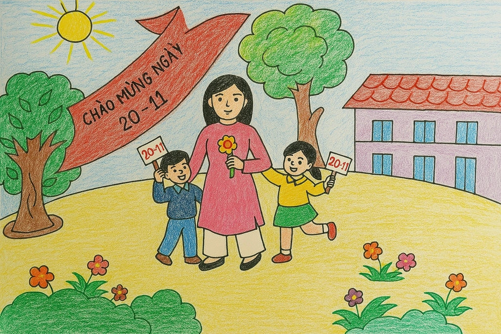 tranh vẽ thầy cô và mái trường lớp 8 